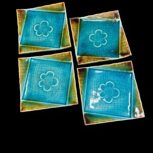 Glazed Ceramic Japanese Style Dishes with Flower Motifs - Set of 4